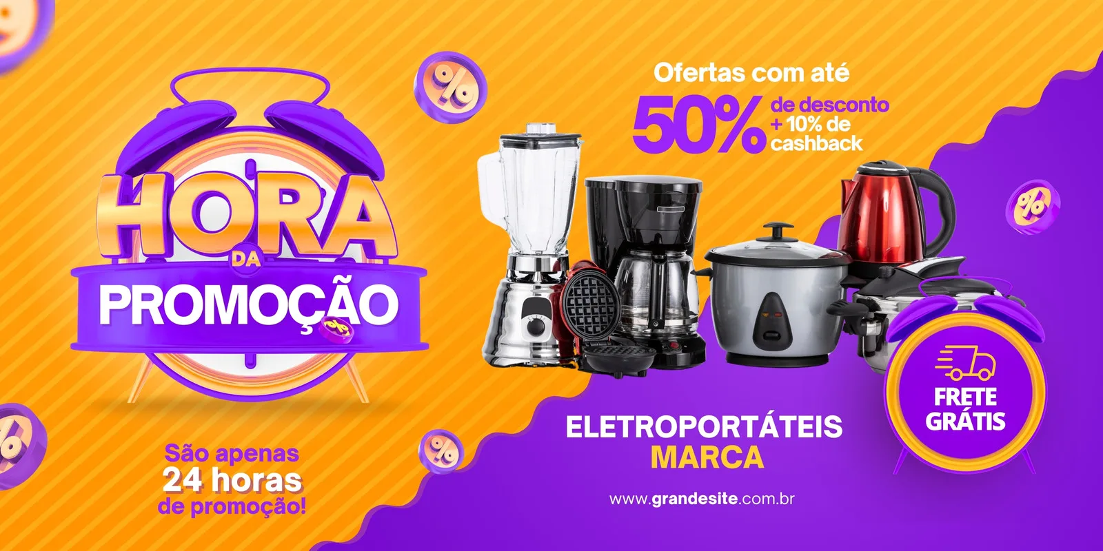 Banner horizontal vibrante em laranja e roxo anunciando a 'Hora da Promoção' de eletroportáteis. Destaque para 50% de desconto, 10% de cashback e frete grátis, com imagens de liquidificador, cafeteira e panela elétrica.