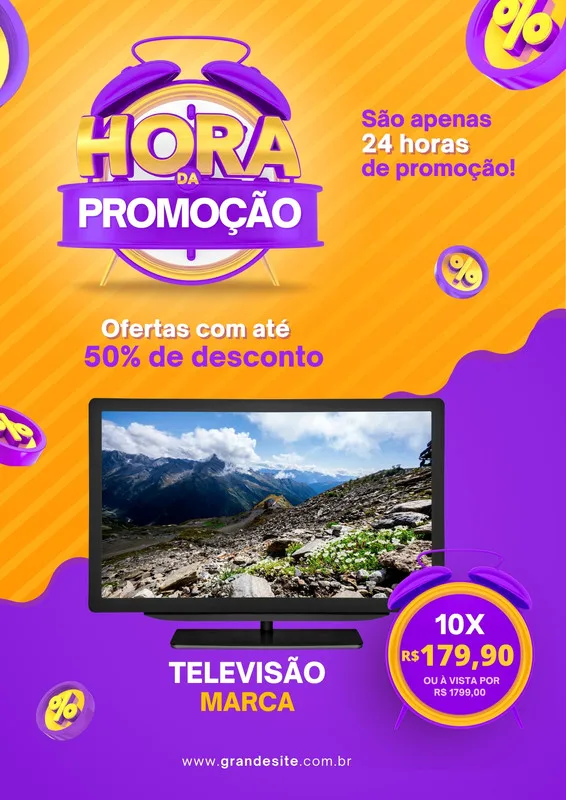 Template de post para redes sociais com fundo laranja e roxo, promovendo uma oferta de televisores. Destaca um relógio com a frase 'Hora da Promoção', um televisor moderno e o preço com desconto, com ícones de porcentagem.