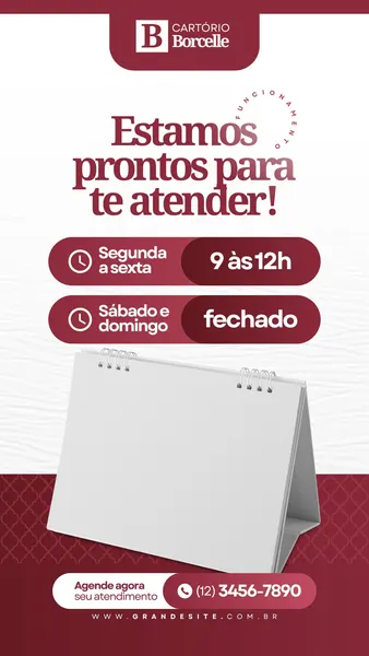 Template de Story para Instagram com fundo vinho e branco, informando o horário de atendimento de um cartório de notas. Destaca 'Estamos prontos para te atender!' e os horários de segunda a sexta, com telefone e site.