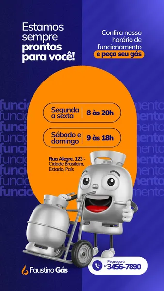 Story para Instagram de depósito de gás com fundo azul e roxo, destacando um balão de fala laranja com o horário de funcionamento. Um personagem animado de botijão de gás empurra um carrinho com outro botijão, promovendo o serviço.