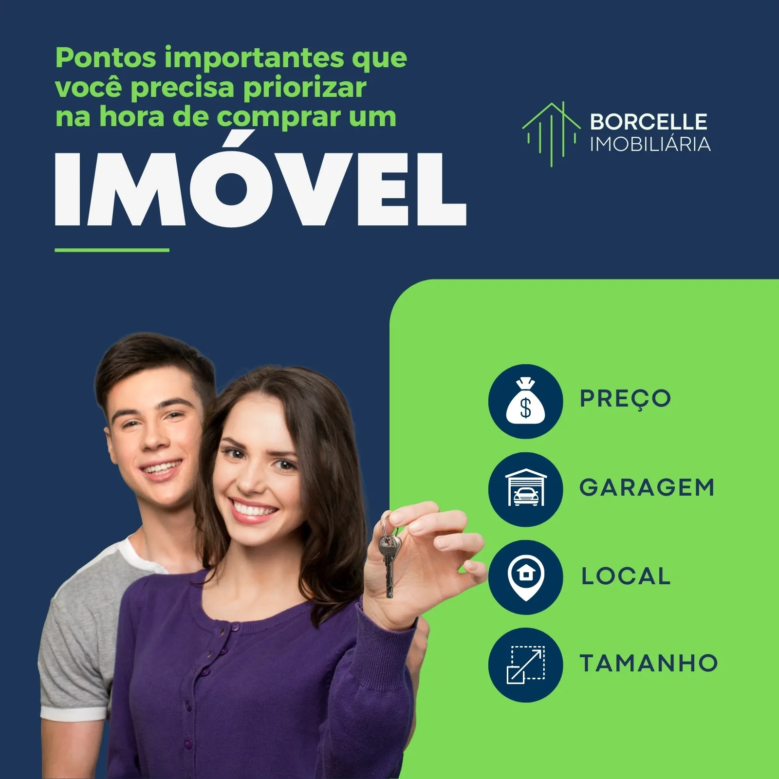 Casal sorridente segurando chaves de casa, com ícones representando preço, garagem, localização e tamanho. Fundo azul com detalhes em verde, com o título 'Pontos importantes que você precisa priorizar na hora de comprar um imóvel'.