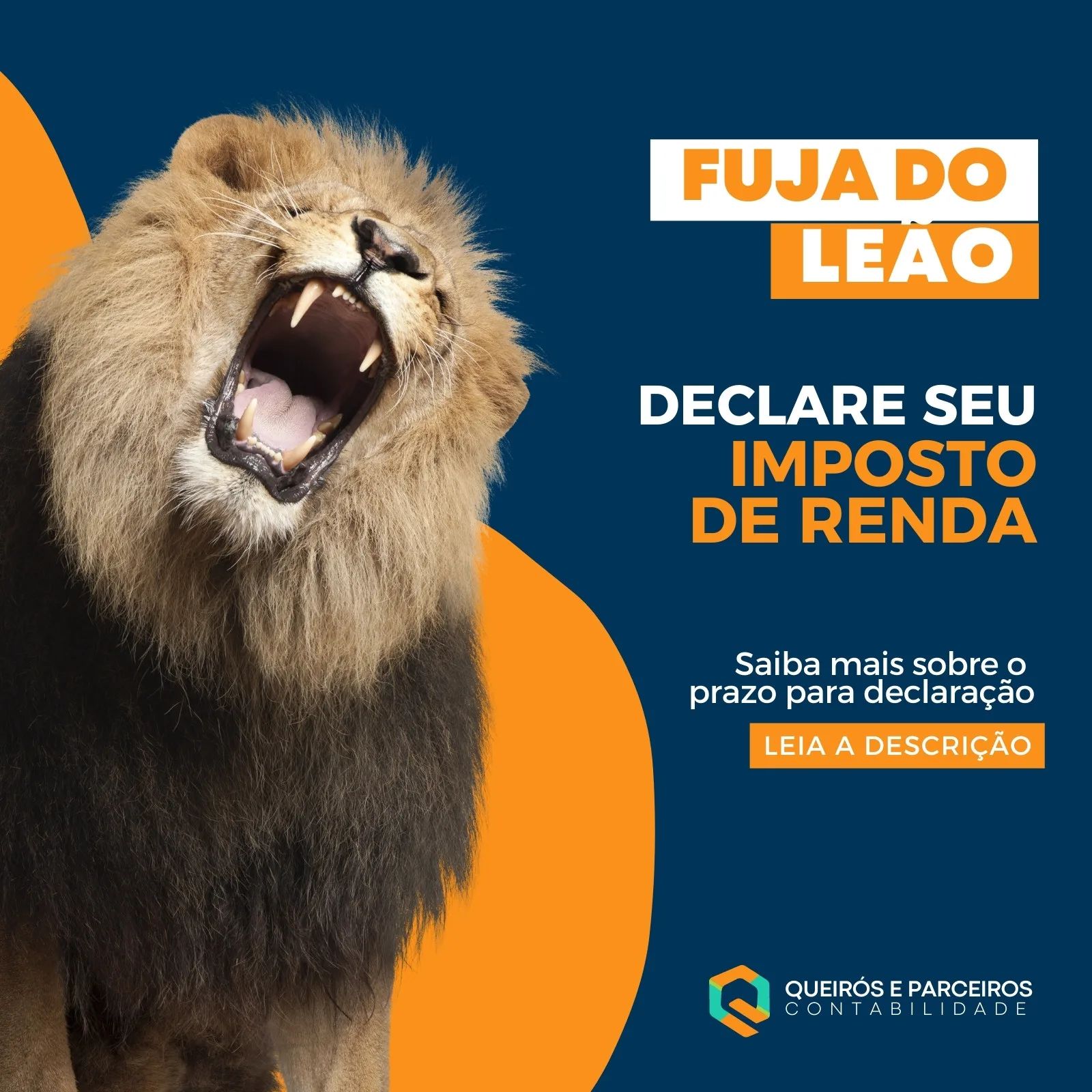 Template de post para Instagram com um leão rugindo e o texto 'Fuja do Leão' e 'Declare seu Imposto de Renda'. Destinado a contadores, com informações sobre prazos e serviços.