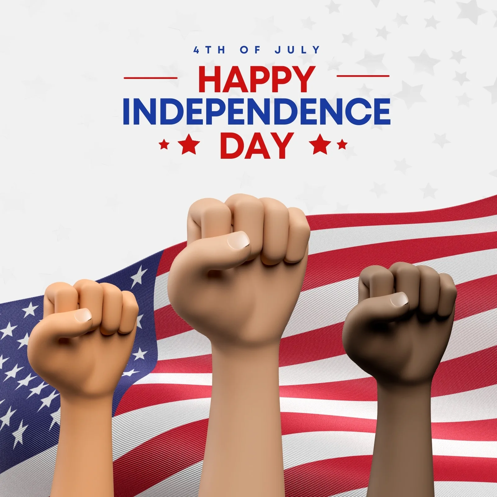 Três punhos cerrados, representando diferentes etnias, erguidos em celebração contra o fundo da bandeira dos Estados Unidos, com a inscrição 'Happy Independence Day' em destaque.