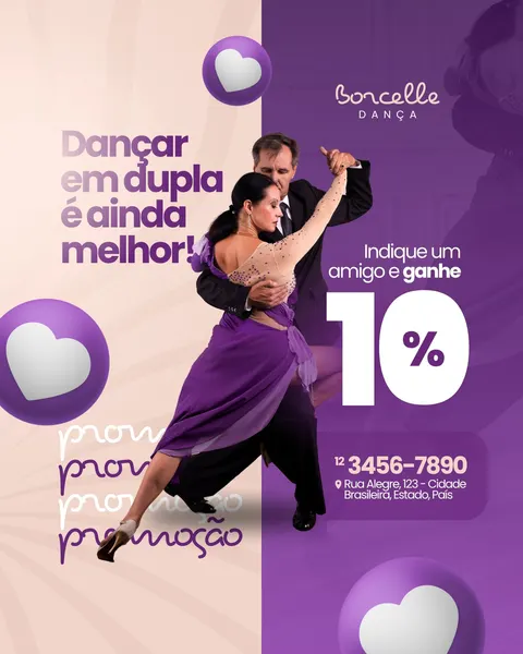 Post de Instagram para escola de dança com fundo roxo e bege. Um casal elegante dança no centro, a mulher em vestido roxo. Corações 3D e texto promocional 'Indique e Ganhe 10%' e 'Dançar em dupla é ainda melhor!' são destacados, com informações de contato. Perfeito para divulgar aulas de dança de salão e promoções.