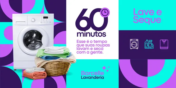 Banner horizontal para lavanderia com imagem de máquina de lavar e cesta de roupas. Destaca o slogan 'Lave e Seque Conosco' e '60 Minutos', com ícones de lavagem e secagem. Cores vibrantes azul, roxo e branco.