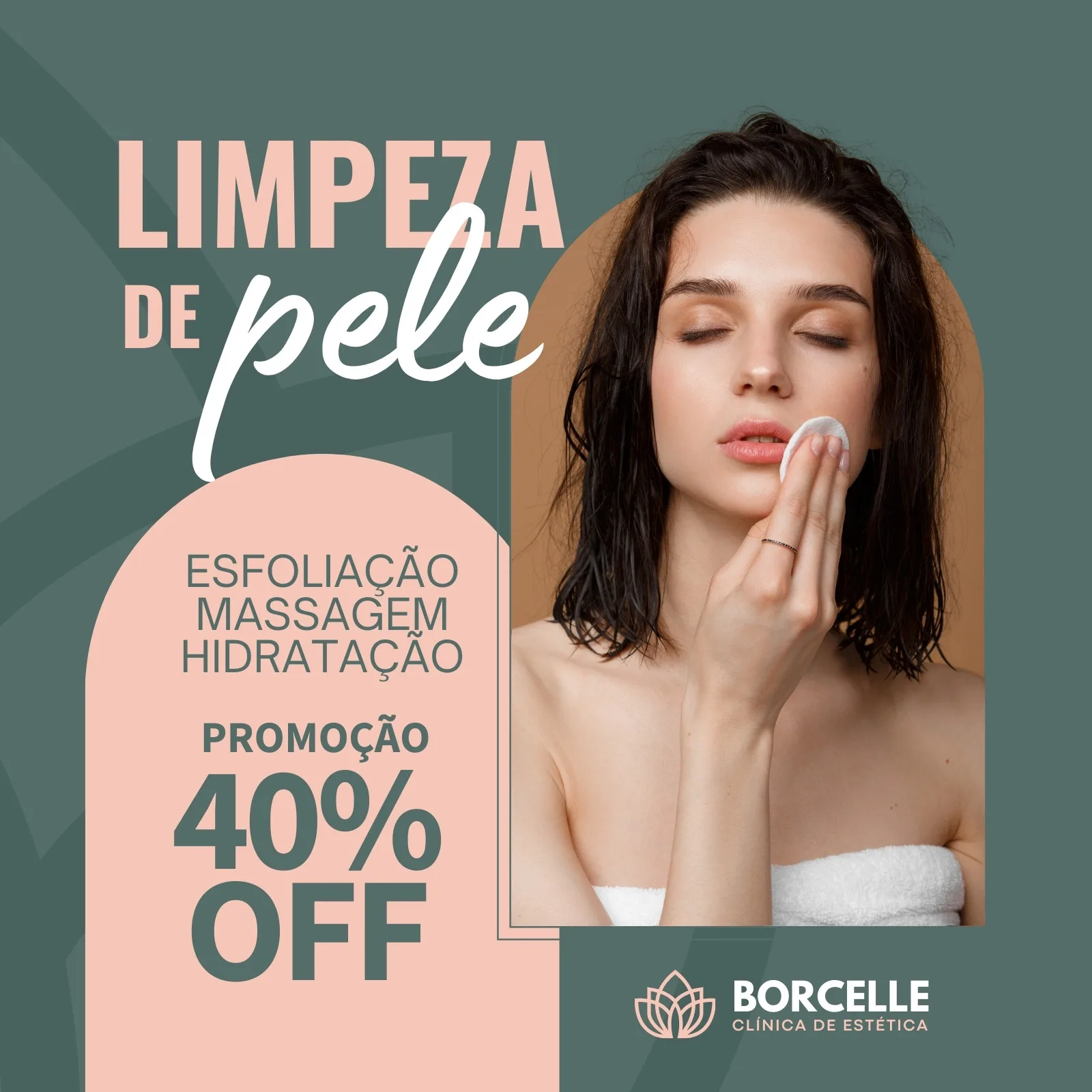Post para Instagram de promoção de limpeza de pele com 40% OFF. Uma mulher com pele radiante limpa o rosto com um algodão. O design em tons de verde e rosa destaca os serviços de esfoliação, massagem e hidratação.