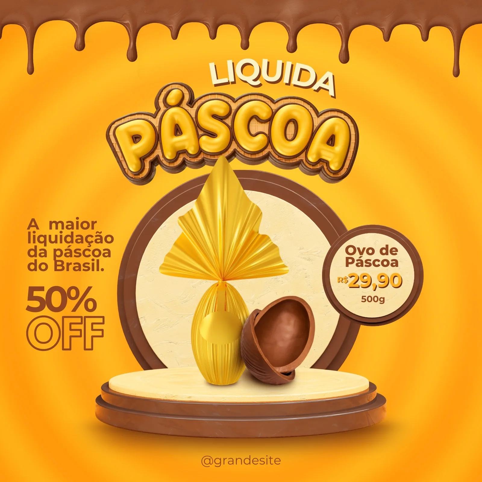 Post para Instagram com tema de Páscoa, destacando um ovo de chocolate dourado em destaque sobre um pedestal, com a oferta de 50% OFF e o texto 'Liquida Páscoa'. Fundo amarelo vibrante com detalhes de chocolate derretido.
