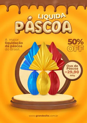 Cartaz de liquidação de Páscoa com ovos de chocolate coloridos em destaque. O fundo é amarelo com detalhes em marrom, simulando chocolate derretido. Há um selo de 50% OFF e o preço de um ovo de Páscoa.