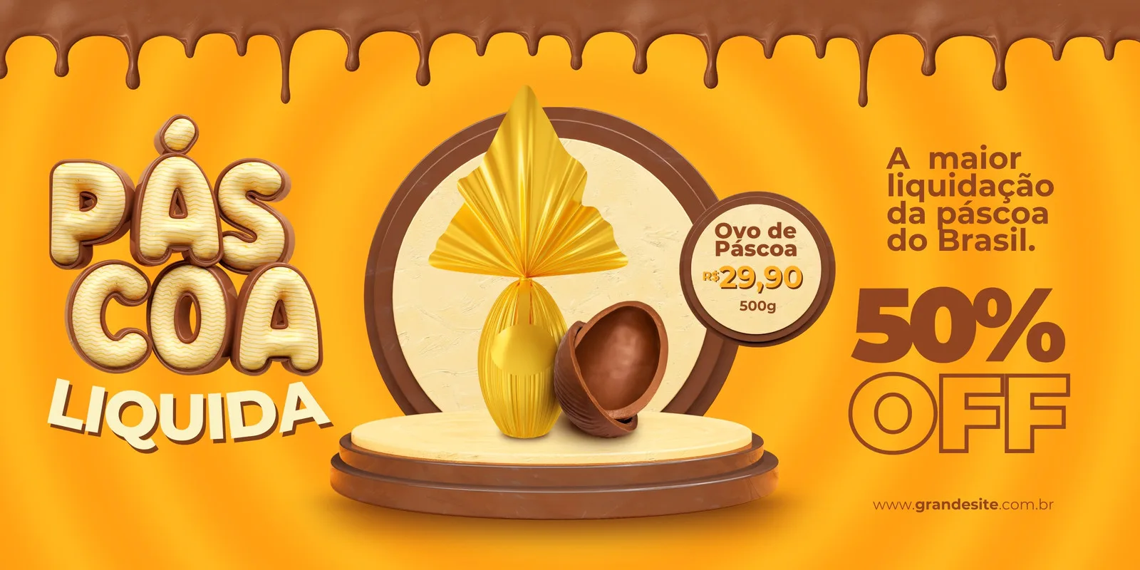 Banner horizontal de liquidação de Páscoa com fundo amarelo vibrante e detalhes de chocolate derretido. Um ovo de chocolate dourado em destaque, com uma metade aberta ao lado. Texto 'Páscoa Líquida' e '50% OFF' em destaque, com preço e peso do ovo.