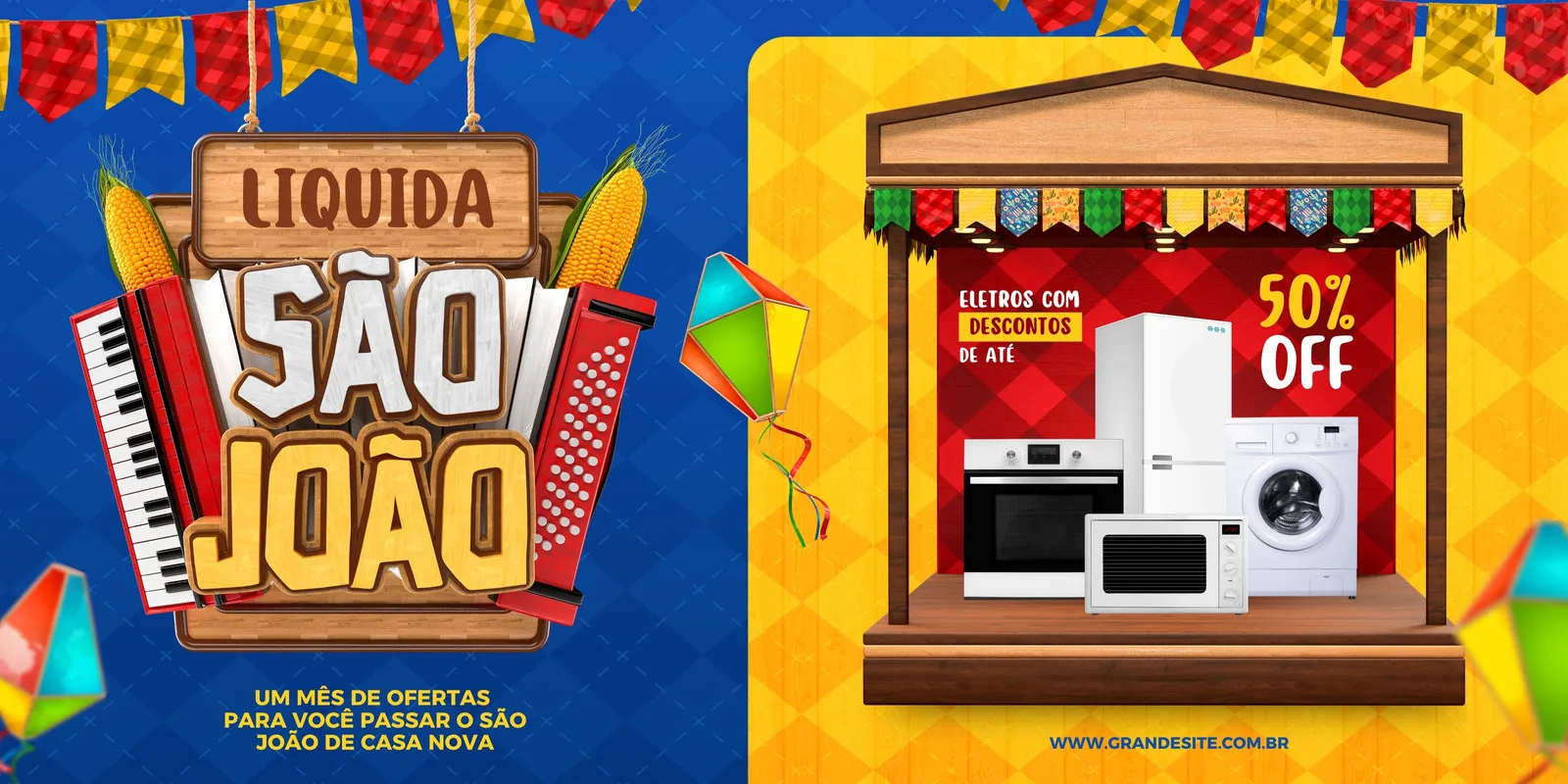 Banner horizontal com tema de festa junina para liquidação de eletrodomésticos. Apresenta elementos como sanfona, milho e balões, além de imagens de fogão, geladeira e máquina de lavar com destaque para 50% OFF.