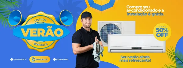 Banner promocional de liquidação de verão para venda de ar-condicionado. Um homem sorridente segura um pano ao lado de unidades de ar-condicionado, com o texto 'Liquida Verão' e 'Compre seu ar-condicionado e a instalação é grátis'.