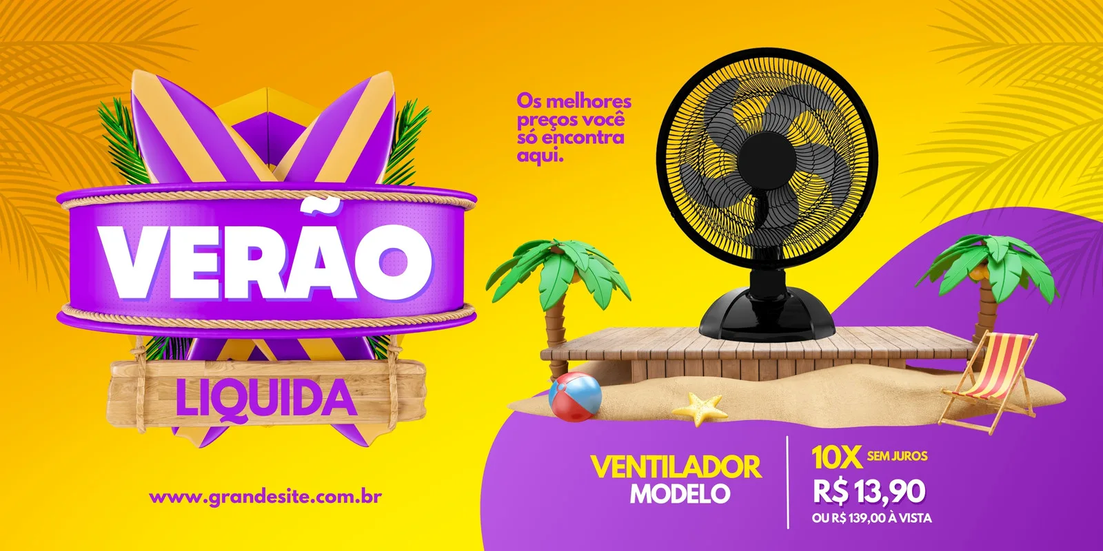 Banner horizontal para liquidação de verão de eletrodomésticos. Fundo amarelo vibrante com palmeiras estilizadas, um ventilador em destaque sobre uma plataforma de madeira na areia, e elementos de praia como cadeiras e bolas. O texto 'Verão Liquida' em roxo e amarelo, com detalhes de pranchas de surf.