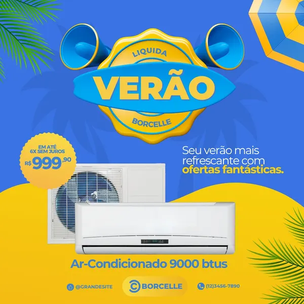Post de Instagram anunciando liquidação de verão com oferta de ar-condicionado. Fundo azul com elementos amarelos e um selo 'Liquida Verão Borcelle'. Imagem de dois aparelhos de ar-condicionado em destaque, com preço e parcelamento visíveis.