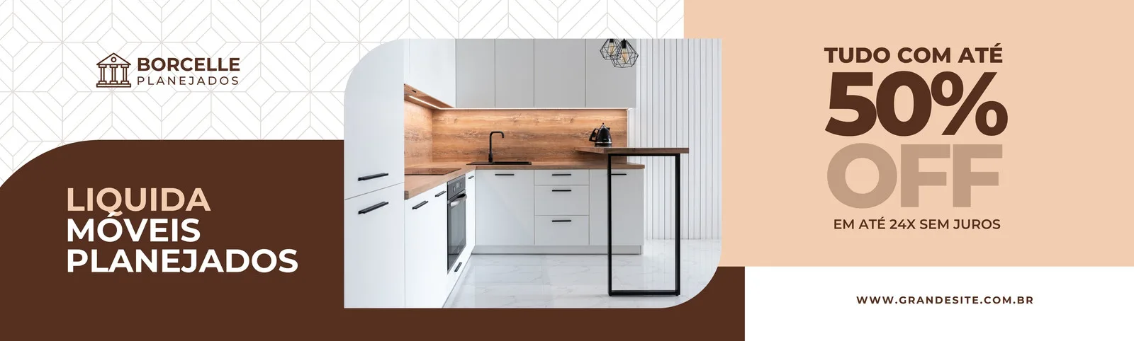 Banner horizontal marrom e bege para liquidação de móveis planejados. Destaca "Liquida Móveis Planejados" e "Tudo com até 50% OFF em até 24x sem juros". Inclui imagem de cozinha planejada moderna.
