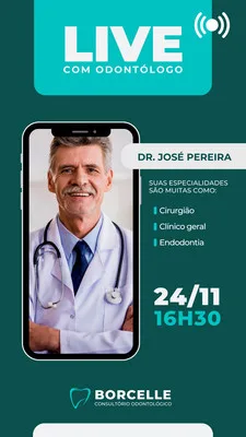 Template de Story para Instagram em tons de azul e branco, anunciando uma live com um dentista. Apresenta o nome do profissional, suas especialidades e data/hora do evento, com o logo do consultório odontológico na parte inferior.