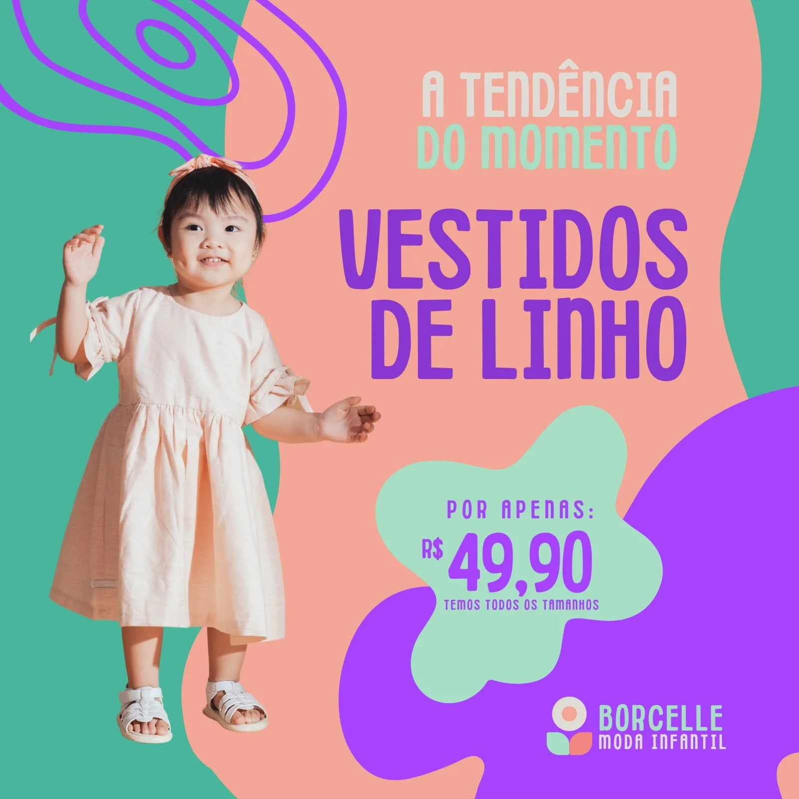 Post de feed para Instagram de loja de roupa infantil com uma menina sorrindo vestindo um vestido de linho bege, com fundo em tons de rosa, verde e lilás, destacando a promoção 'Vestidos de Linho por apenas R$ 49,90'.