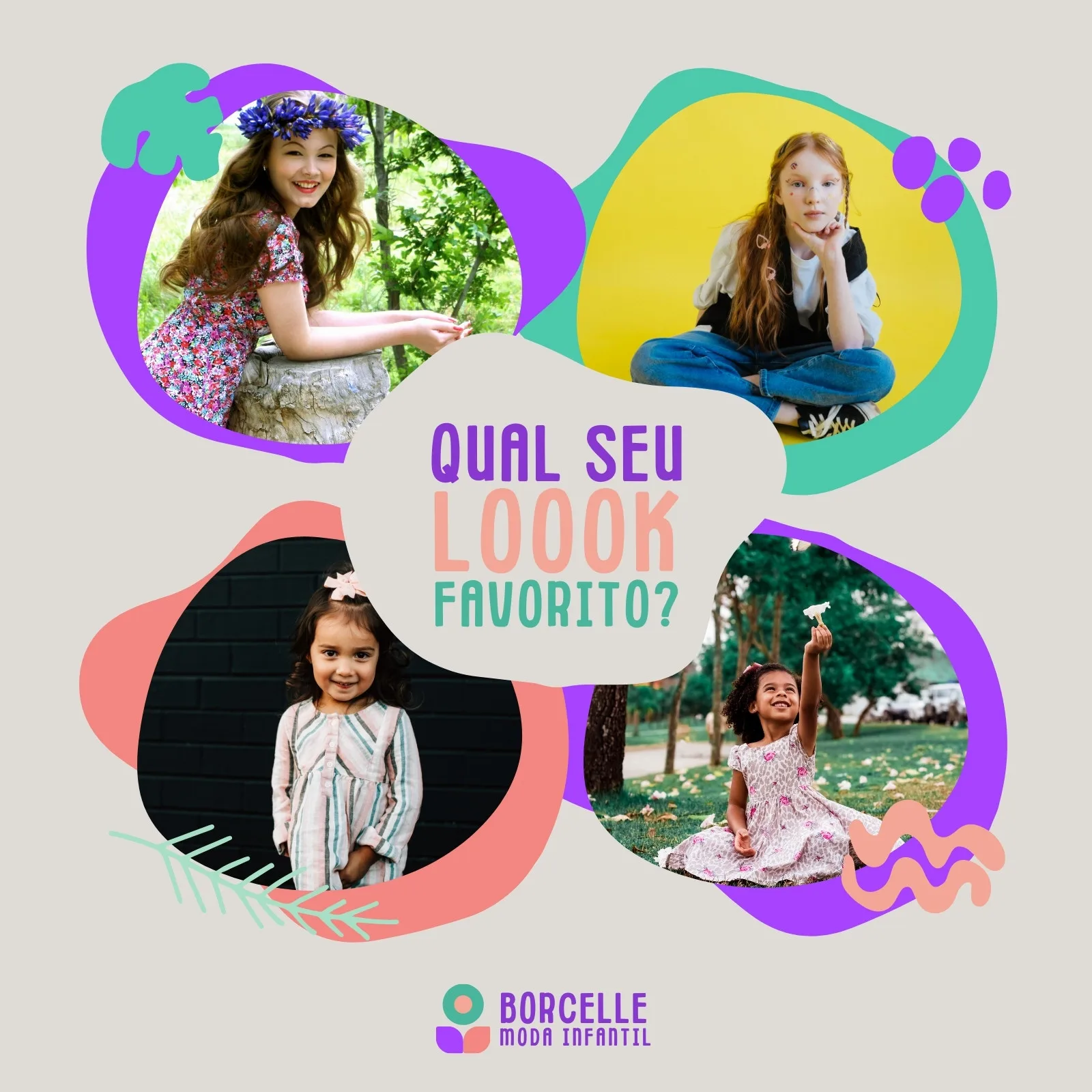 Post de feed para Instagram com quatro fotos de crianças usando roupas infantis. O texto central pergunta 'Qual seu look favorito?' com cores vibrantes em verde, branco, rosa e lilás, ideal para lojas de moda infantil.