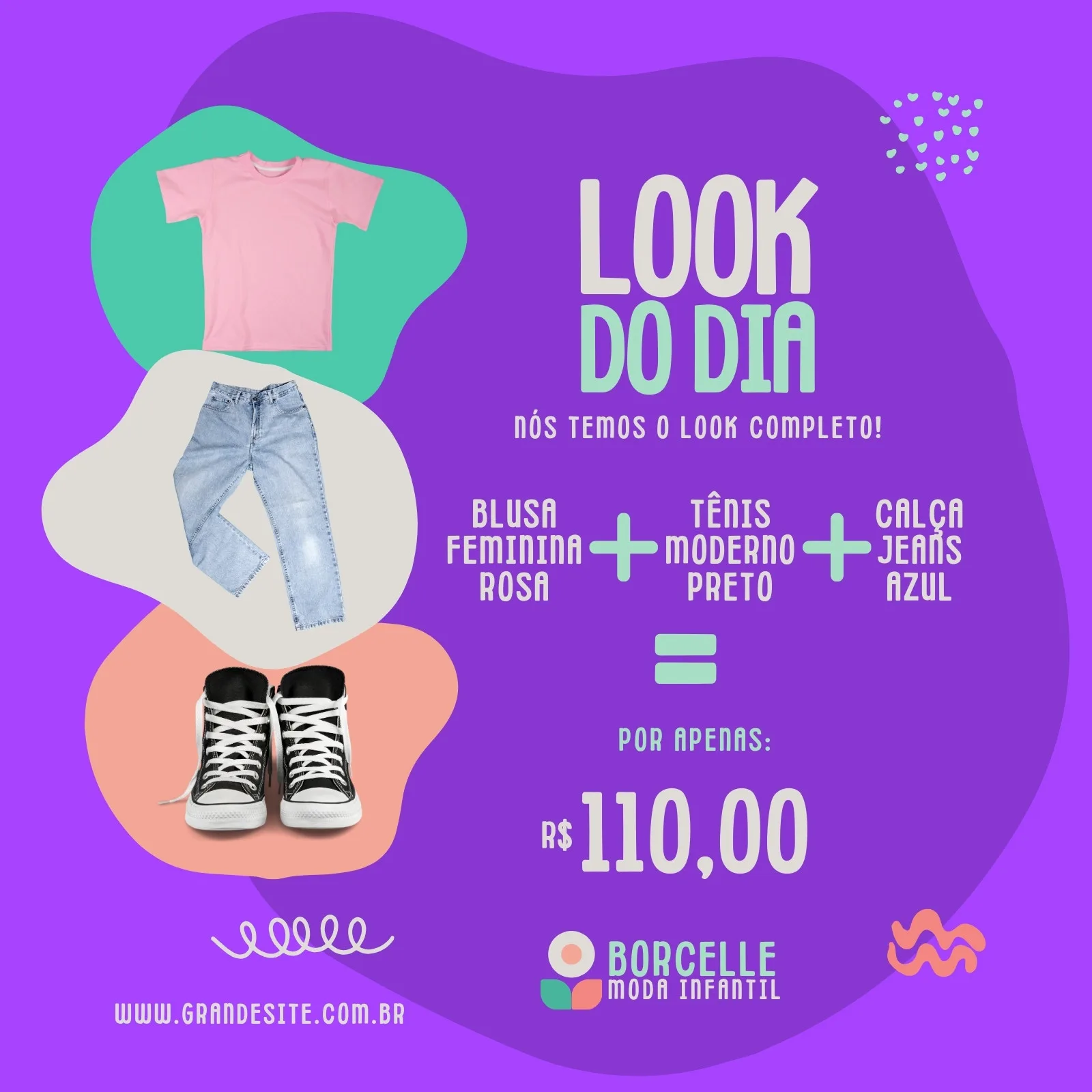 Post para Instagram de loja de roupa infantil com fundo roxo vibrante. Apresenta um look do dia composto por uma blusa rosa, calça jeans e tênis pretos, com o preço de R$ 110,00.