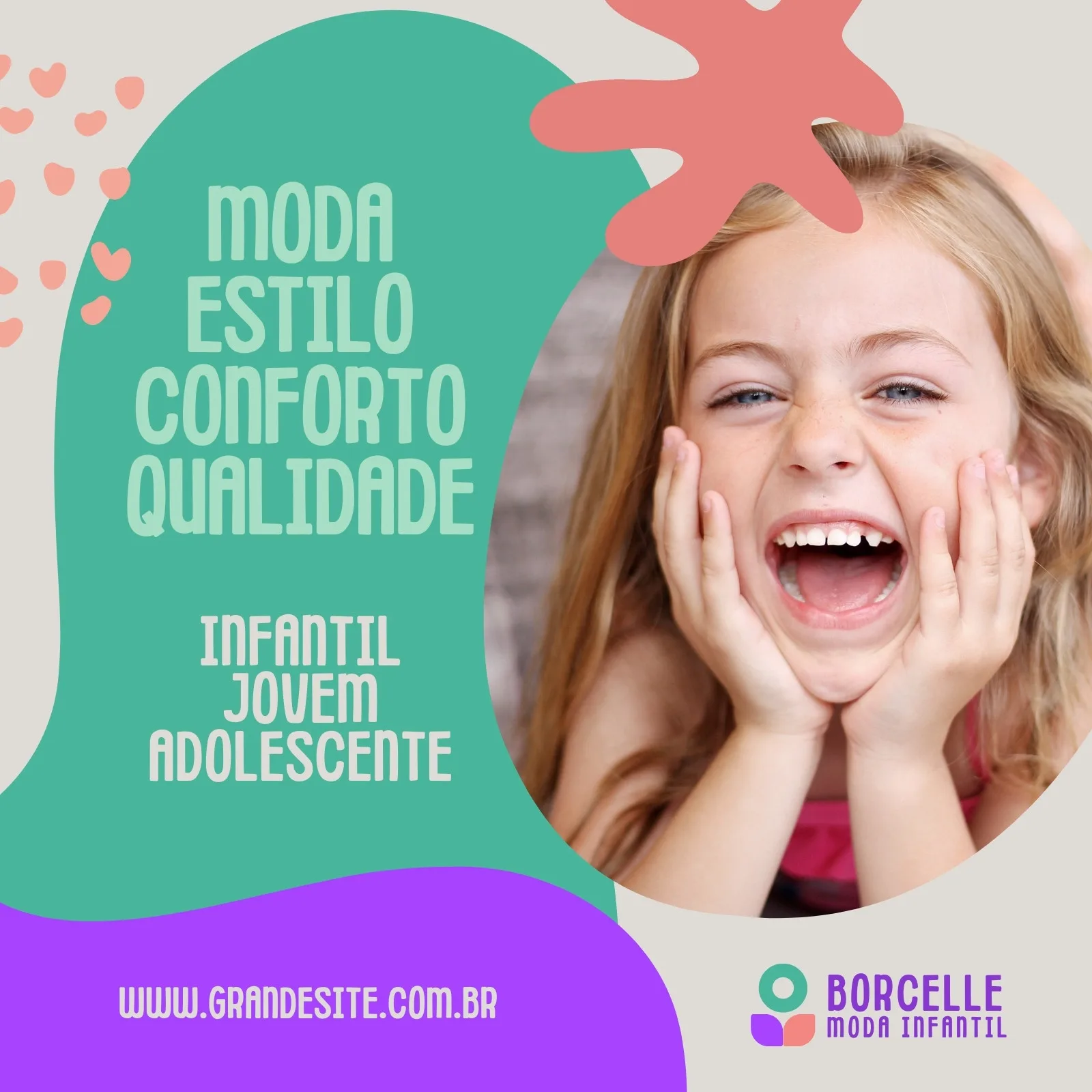 Post de feed para Instagram e Facebook de loja de roupa infantil, com fundo em tons pastel de verde, rosa e lilás. Uma menina sorri alegremente, com texto sobre moda, estilo, conforto e qualidade para infantil, jovem e adolescente.
