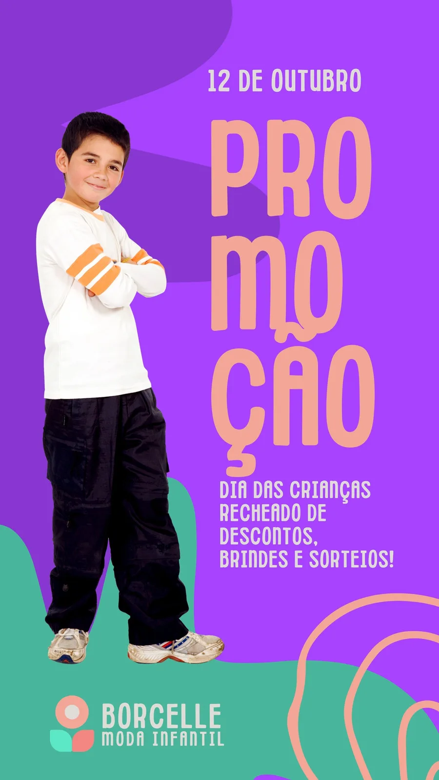 Um menino sorridente em pé, vestindo roupas casuais, em um fundo roxo vibrante com texto promocional em destaque. O template é ideal para divulgar promoções de Dia das Crianças para lojas de moda infantil no Instagram Story.