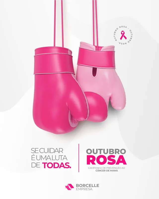 Um par de luvas de boxe rosa penduradas, simbolizando a luta e a prevenção do câncer de mama. O texto 'Outubro Rosa' e 'Se cuidar é uma luta de todas' reforçam a mensagem da campanha.