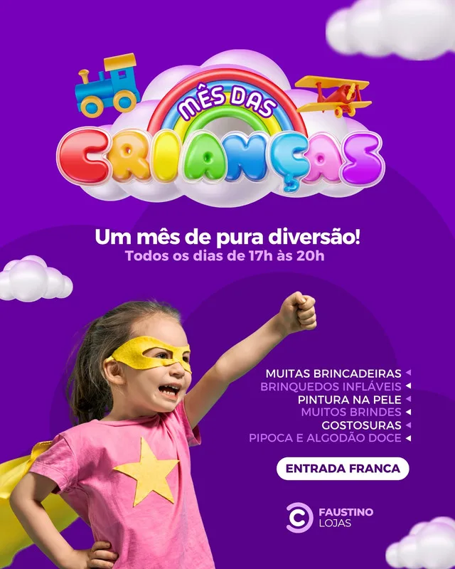 Post para Instagram celebrando o Mês das Crianças, com o título "Mês das Crianças" em letras coloridas sobre nuvens. Uma menina fantasiada de super-heroína sorri, com lista de atividades e "Entrada Franca" em destaque. Fundo roxo vibrante com nuvens e aviões de brinquedo.