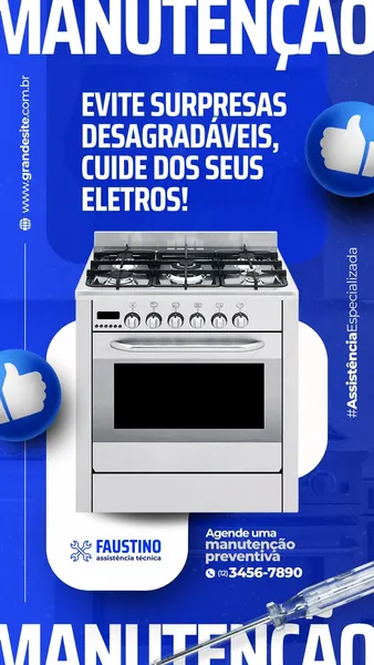 Story para Instagram em tons de azul vibrante e branco, destacando um fogão moderno de seis bocas. O design inclui o título "MANUTENÇÃO", uma mensagem sobre evitar surpresas e cuidar dos eletrodomésticos, e um convite para agendar manutenção preventiva. Ícones de "curtir" e uma chave de fenda reforçam o tema de assistência técnica especializada e confiável.