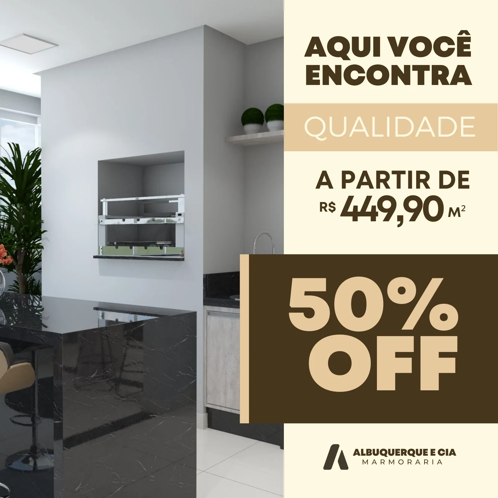 Post para Instagram de marmoraria com oferta de 50% OFF. Apresenta uma cozinha moderna com bancada de mármore preto, destacando a promoção e o preço a partir de R$ 449,90/m².