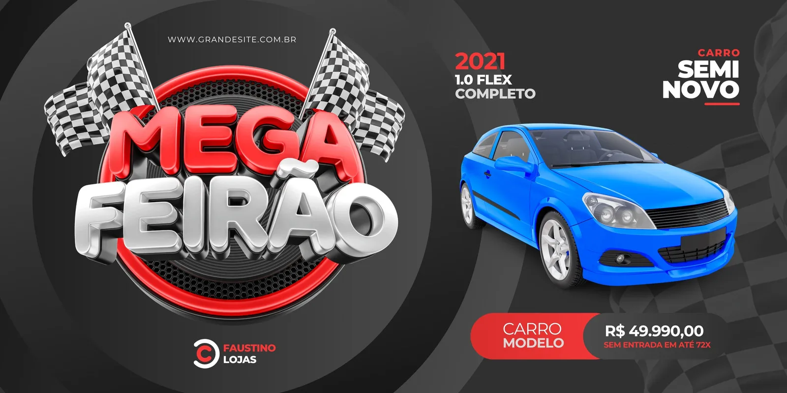 Banner horizontal preto, vermelho e branco para um Mega Feirão Automotivo. Destaca um carro azul seminovo, bandeiras quadriculadas e o texto "Mega Feirão" com preço e modelo do carro.