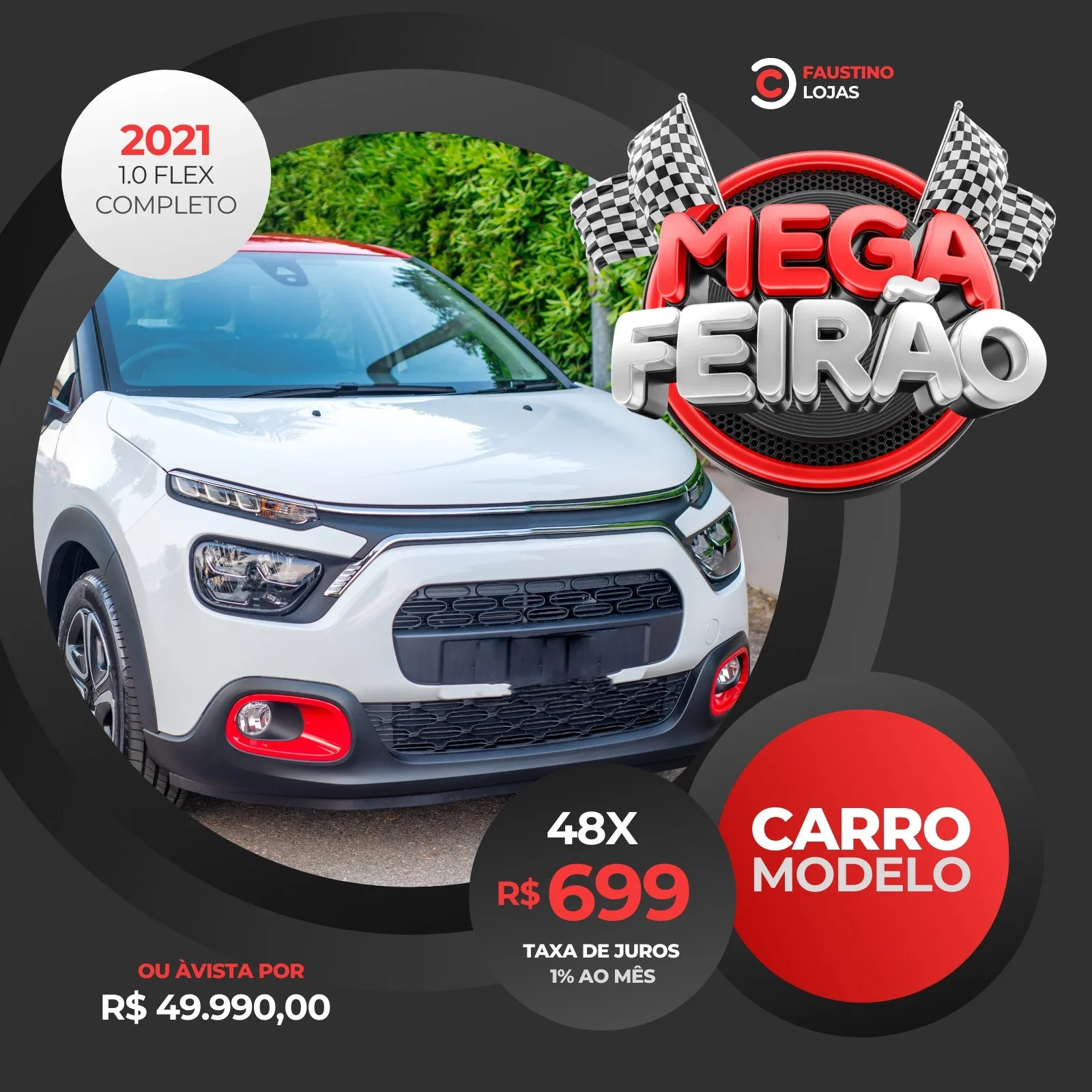 Template de post para redes sociais com fundo preto e detalhes em vermelho e branco, apresentando um carro branco em destaque. O título 'Mega Feirão' em 3D com bandeiras quadriculadas e informações sobre parcelamento e preço à vista.