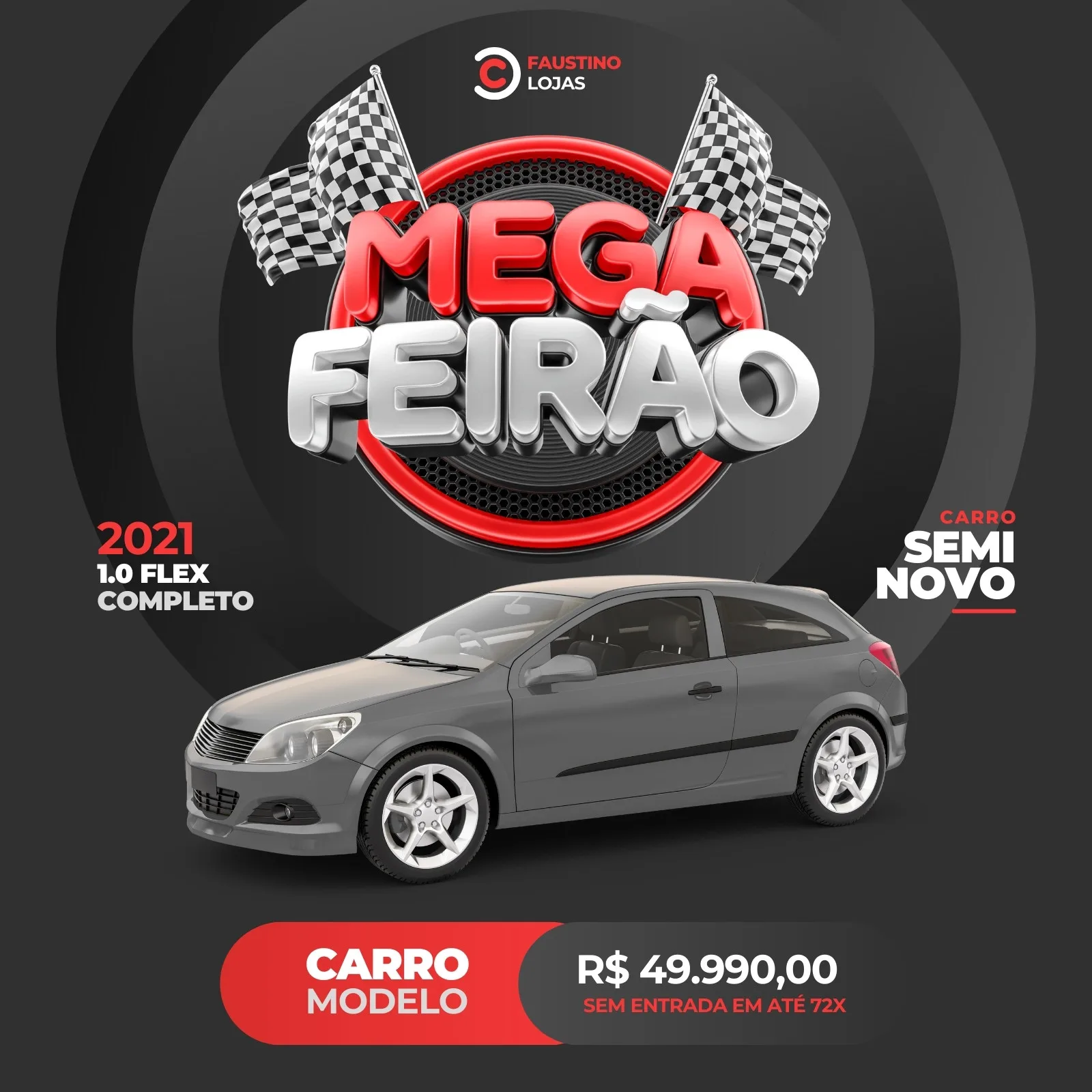 Template de post para redes sociais com fundo preto e detalhes em vermelho e branco. Destaque para a frase 'Mega Feirão' em 3D, bandeiras quadriculadas e um carro cinza seminovo em primeiro plano, com preço e condições de pagamento.