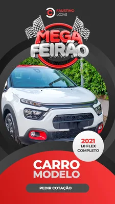 Template de Story para Instagram com tema de feirão automotivo. Fundo preto e vermelho com detalhes em branco, ostentando um carro branco em destaque. Títulos 'Mega Feirão' e 'Carro Modelo' com botão 'Pedir Cotação' e bandeiras de chegada.