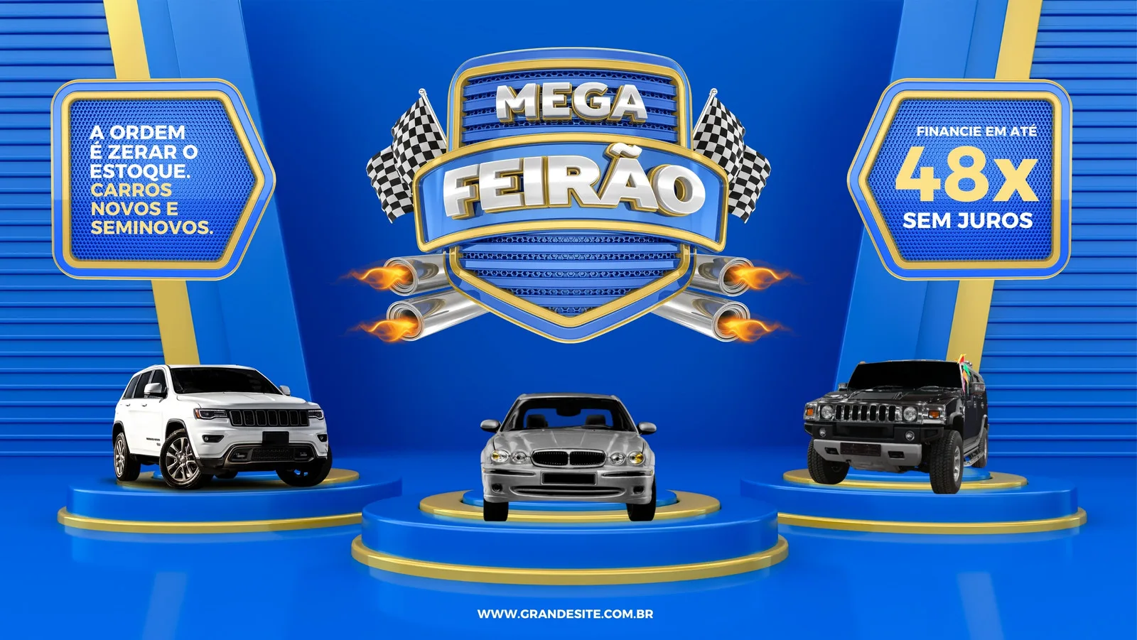 Banner horizontal azul com o título 'Mega Feirão' em destaque. Três carros (SUV branco, sedan prata, SUV preto) em pedestais. Texto adicional: 'A ordem é zerar o estoque. Carros novos e seminovos.' e 'Financie em até 48x sem juros.'. Bandeiras quadriculadas e saídas de escape com fogo ao fundo.