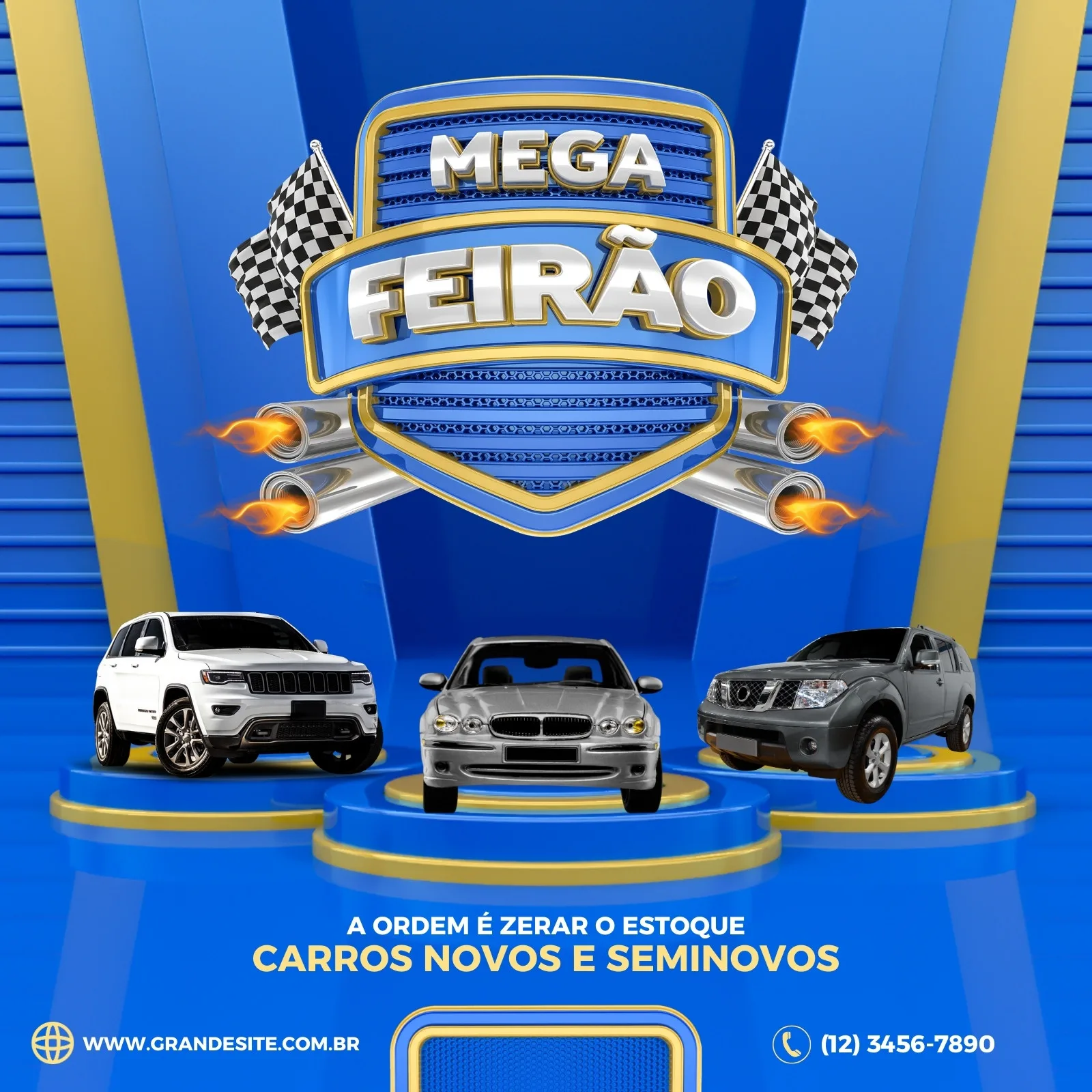 Template de post para Instagram e Facebook em tons de azul e dourado, com o título 'Mega Feirão' em destaque. Três carros (SUV branco, sedan prata e SUV cinza) estão em exposição em plataformas elevadas, com bandeiras quadriculadas e saídas de escape em chamas ao fundo, indicando uma grande promoção automotiva.