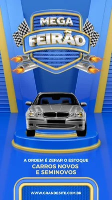 Template de Story para Instagram com tema automotivo. Fundo azul vibrante com detalhes dourados. No centro, um carro prateado em destaque sobre um pedestal. Acima, um escudo com a inscrição 'Mega Feirão' e bandeiras quadriculadas. Ideal para promoções de carros.
