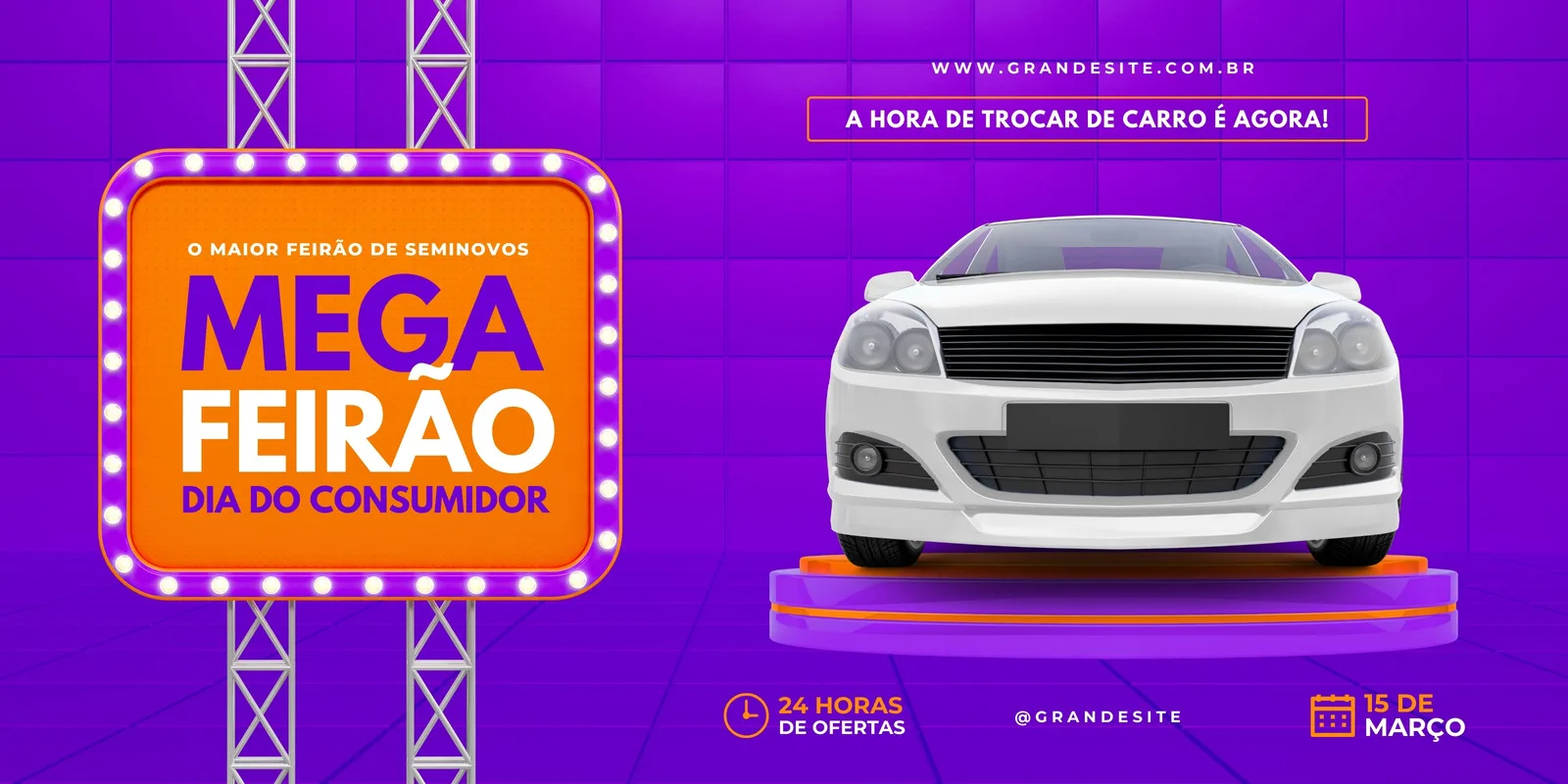 Banner horizontal com fundo roxo e elementos gráficos em laranja e branco. Um carro branco está em destaque sobre um pedestal, com a mensagem 'Mega Feirão Dia do Consumidor' em destaque. Informações sobre ofertas e data também estão presentes.