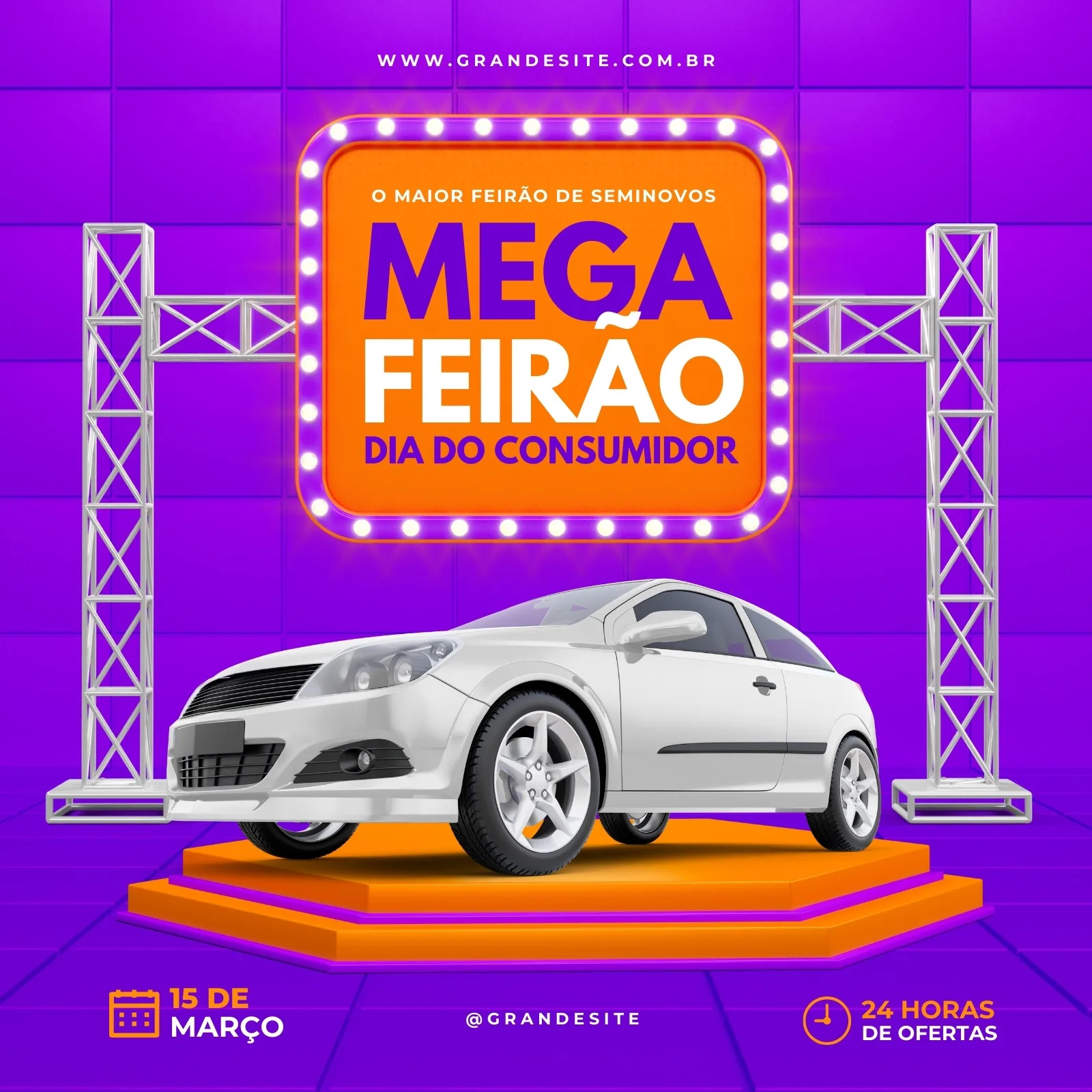 Post para redes sociais com fundo roxo vibrante e elementos gráficos em laranja. Destaca um carro branco em um palco, com um letreiro luminoso anunciando 'Mega Feirão Dia do Consumidor'. Inclui data e informações sobre ofertas.