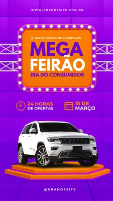 Template de Story para Instagram com fundo roxo vibrante e detalhes em laranja. Destaca um banner luminoso com a frase 'Mega Feirão Dia do Consumidor' e a imagem de um SUV branco em destaque. Informa '24 Horas de Ofertas' e a data '15 de Março'.