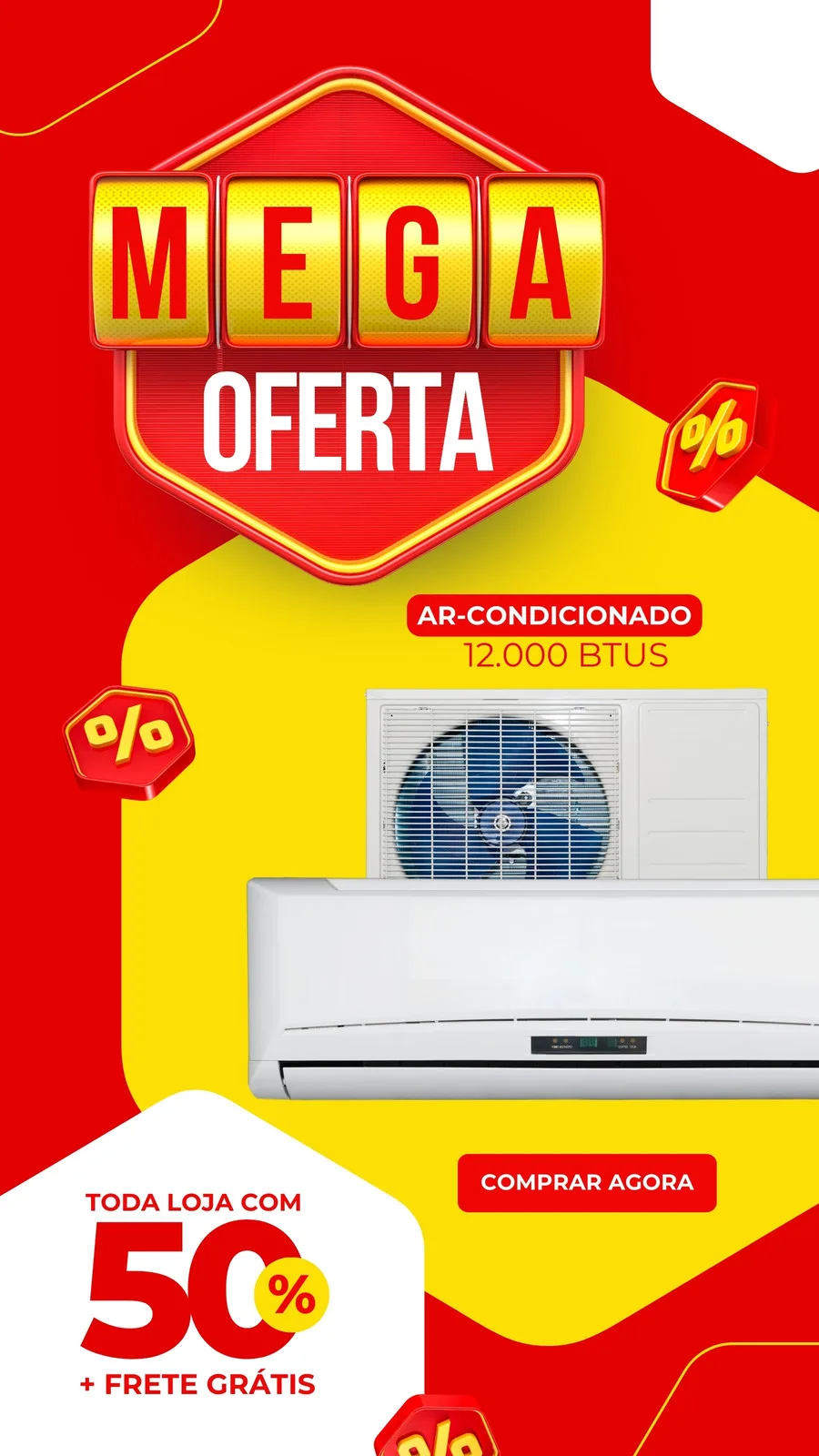 Template de Story para Instagram com fundo vermelho e amarelo vibrantes. Destaque para a frase 'MEGA OFERTA' em letras grandes, com um ar condicionado em evidência. Promoção de 50% de desconto e frete grátis, com botão 'COMPRAR AGORA'.