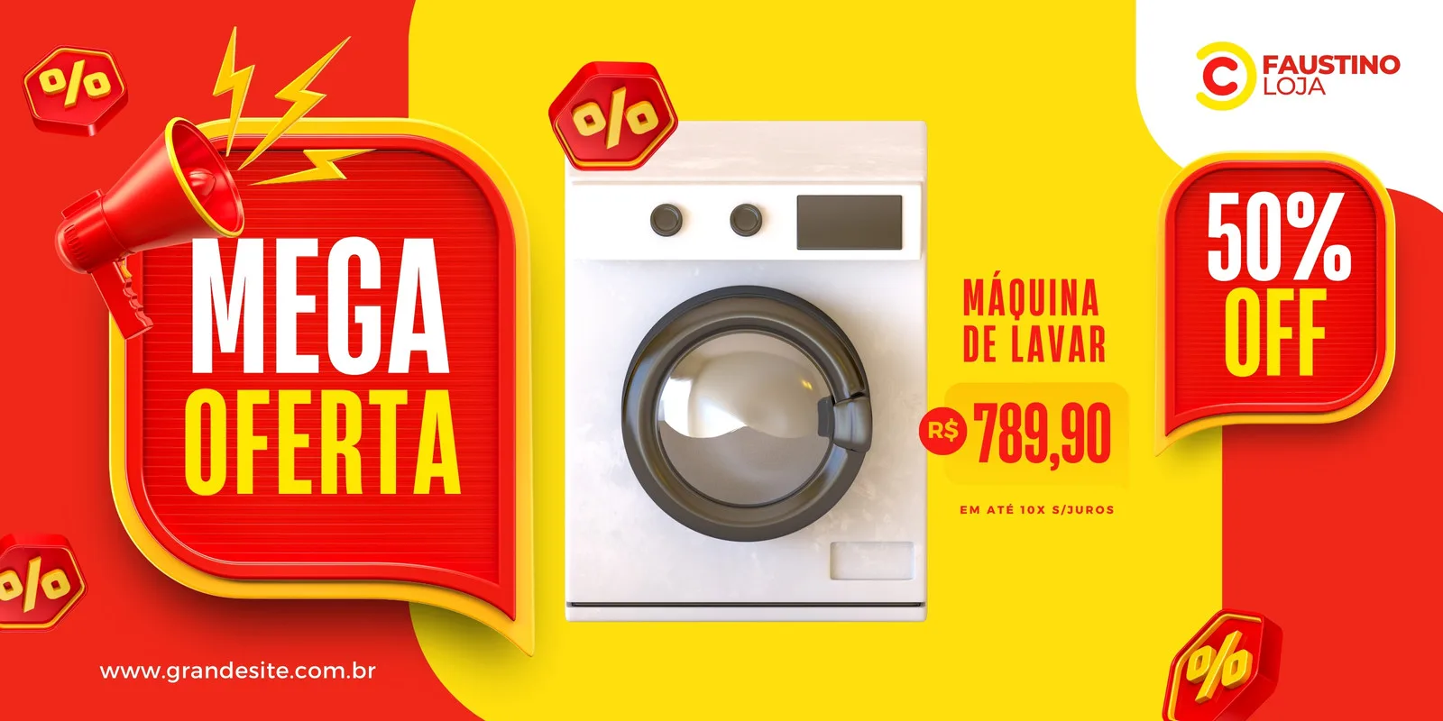 Banner horizontal com fundo vermelho e amarelo vibrante, anunciando 'Mega Oferta' com um megafone e '50% OFF'. Destaca uma máquina de lavar branca com preço promocional de R$ 789,90. Ideal para divulgar promoções de eletrodomésticos.