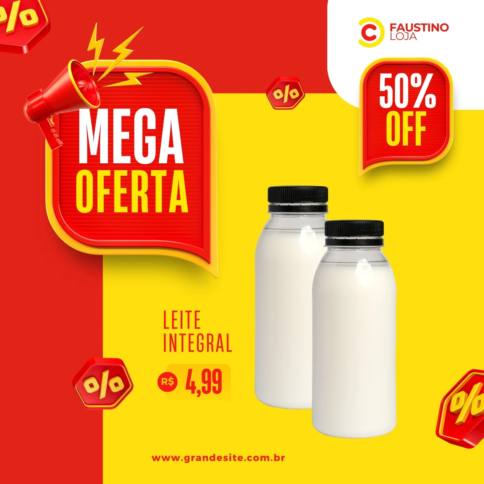 Template de post para feed do Instagram com fundo amarelo e vermelho vibrantes. Destaca um mega desconto com um megafone vermelho e texto "MEGA OFERTA" em branco e amarelo. Ao lado, duas garrafas de leite integral e o preço R$ 4,99, com selos de 50% OFF.