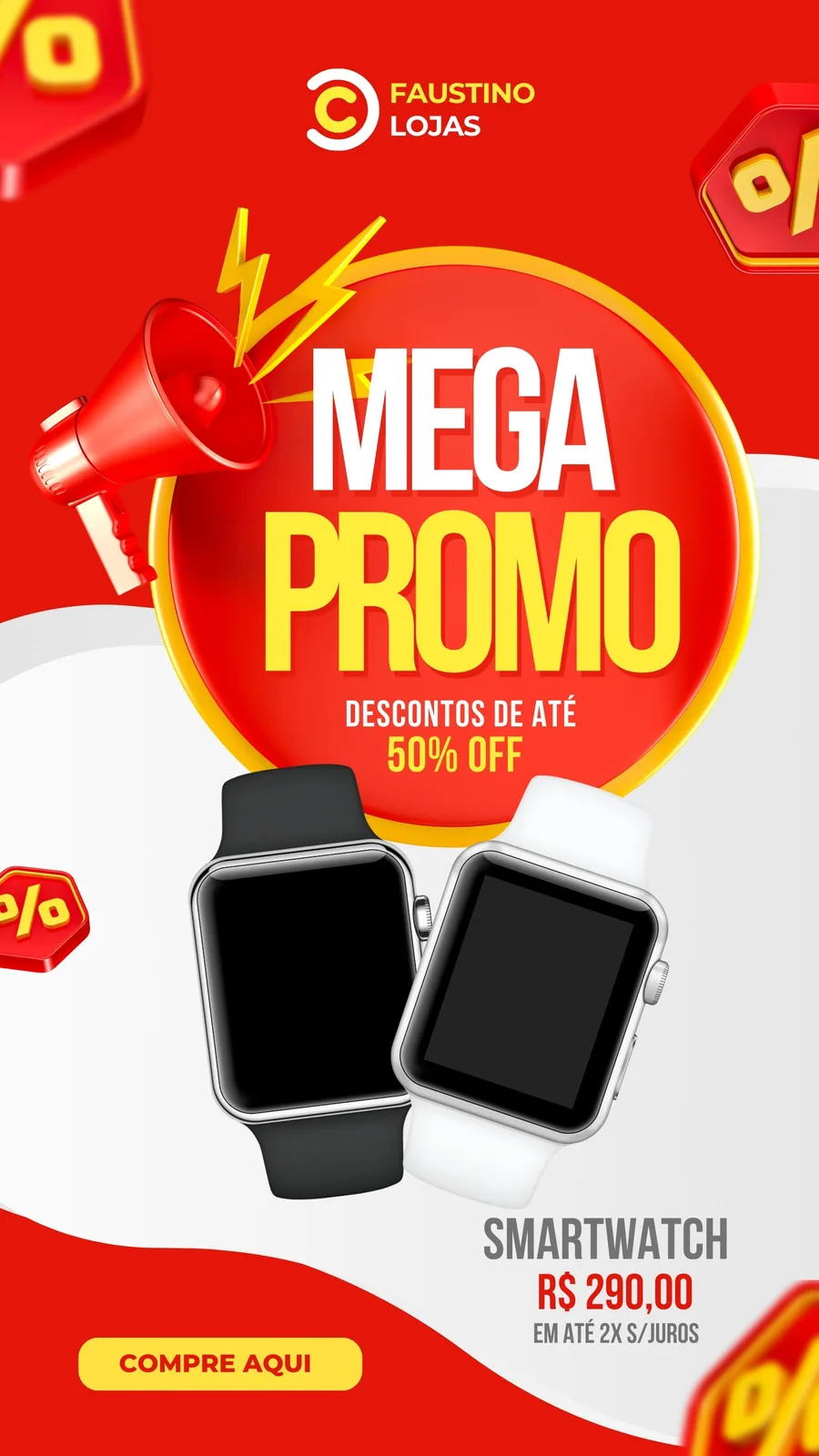 Template de Story para Instagram com fundo vermelho e detalhes em amarelo e branco. Destaca a promoção "MEGA PROMO" com 50% OFF e exibe dois smartwatches, um preto e um branco, com o preço e botão "COMPRE AQUI".