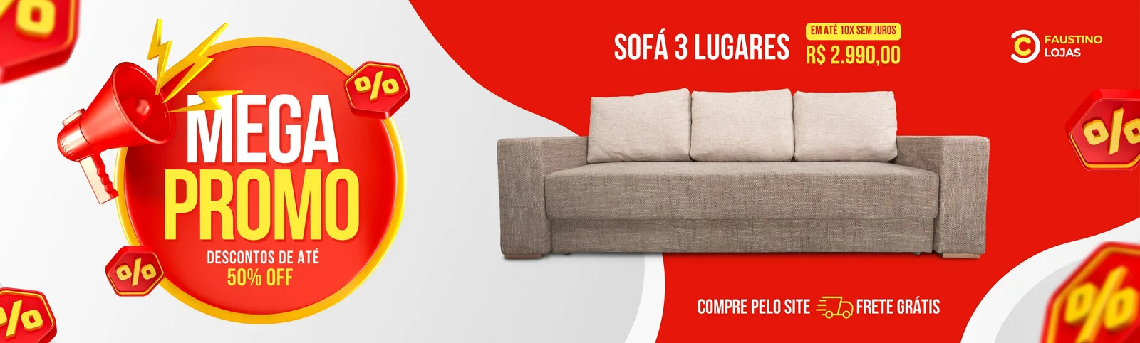 Banner horizontal vermelho e branco com um sofá bege de três lugares em destaque. Ao lado, um megafone vermelho anuncia 'MEGA PROMO' com descontos de até 50% OFF. Informações de preço e frete grátis também são exibidas, ideal para lojas de móveis.
