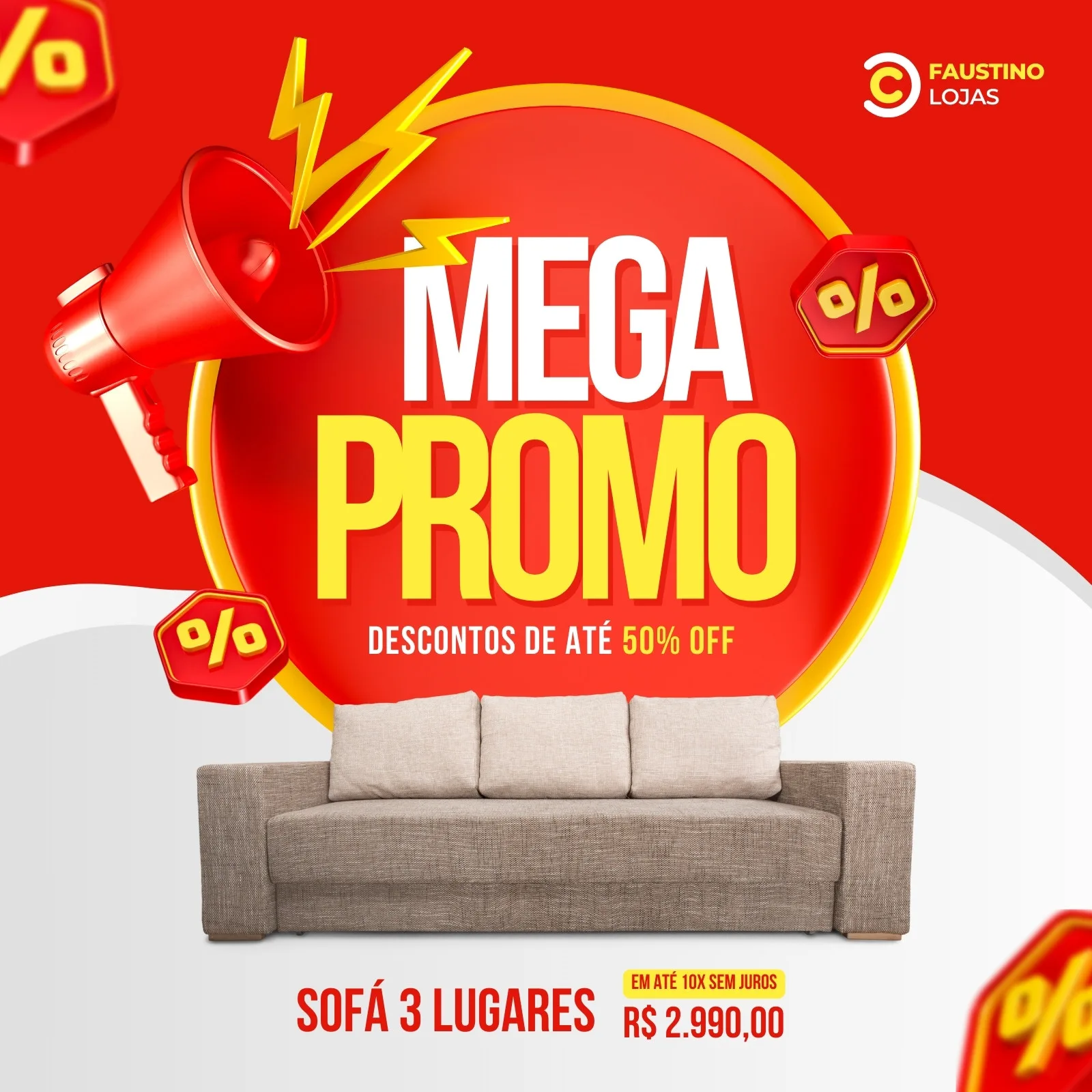 Template de post para Instagram e Facebook com fundo vermelho e amarelo vibrante, destacando um sofá de três lugares em promoção. Um megafone vermelho e ícones de porcentagem reforçam a oferta de 50% OFF.