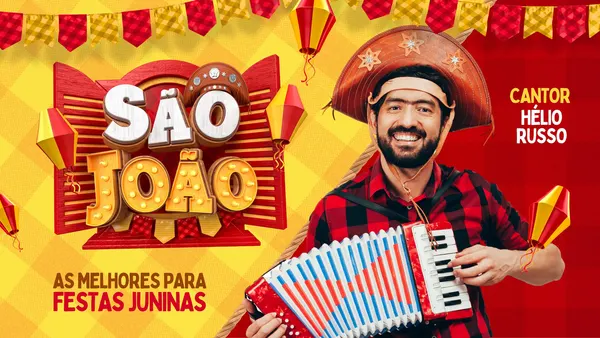 Miniatura de YouTube com o título 'São João' em 3D, cores vermelho e amarelo vibrantes, bandeirinhas e balões típicos. Ao lado, um homem sorridente com chapéu de palha toca acordeão, com o nome 'Cantor Hélio Russo' destacado.