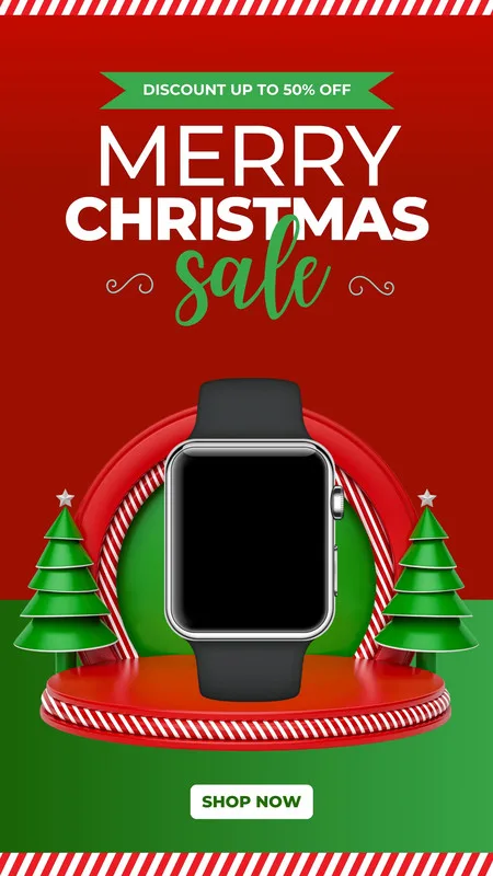 Template de Story para Instagram com tema de Natal. Fundo vermelho e verde com listras brancas e vermelhas. Um relógio inteligente é exibido em um pedestal, ladeado por árvores de Natal. O texto 'Merry Christmas Sale' e 'Discount up to 50% Off' estão em destaque.