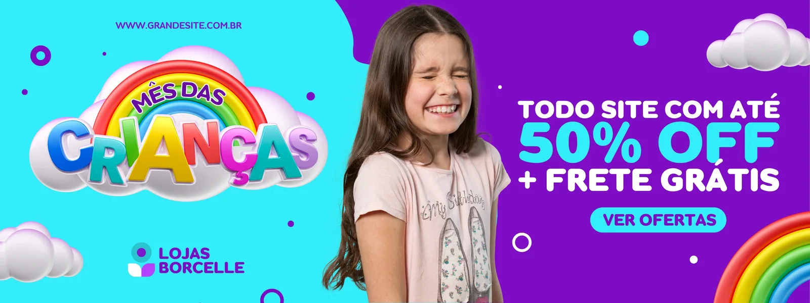 Banner horizontal com o tema Mês das Crianças, apresentando uma menina sorrindo, um arco-íris e nuvens. O texto destaca 'Todo site com até 50% OFF + Frete Grátis' e um botão 'Ver Ofertas'. Cores vibrantes azul, roxo e branco.