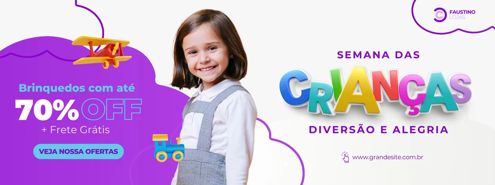 Banner horizontal com tema da Semana das Crianças. Uma menina sorri ao lado de brinquedos coloridos e um avião de brinquedo. O texto destaca 'Brinquedos com até 70% OFF + Frete Grátis' e 'Semana das Crianças: Diversão e Alegria'. Cores predominantes: roxo, branco, azul e tons vibrantes.