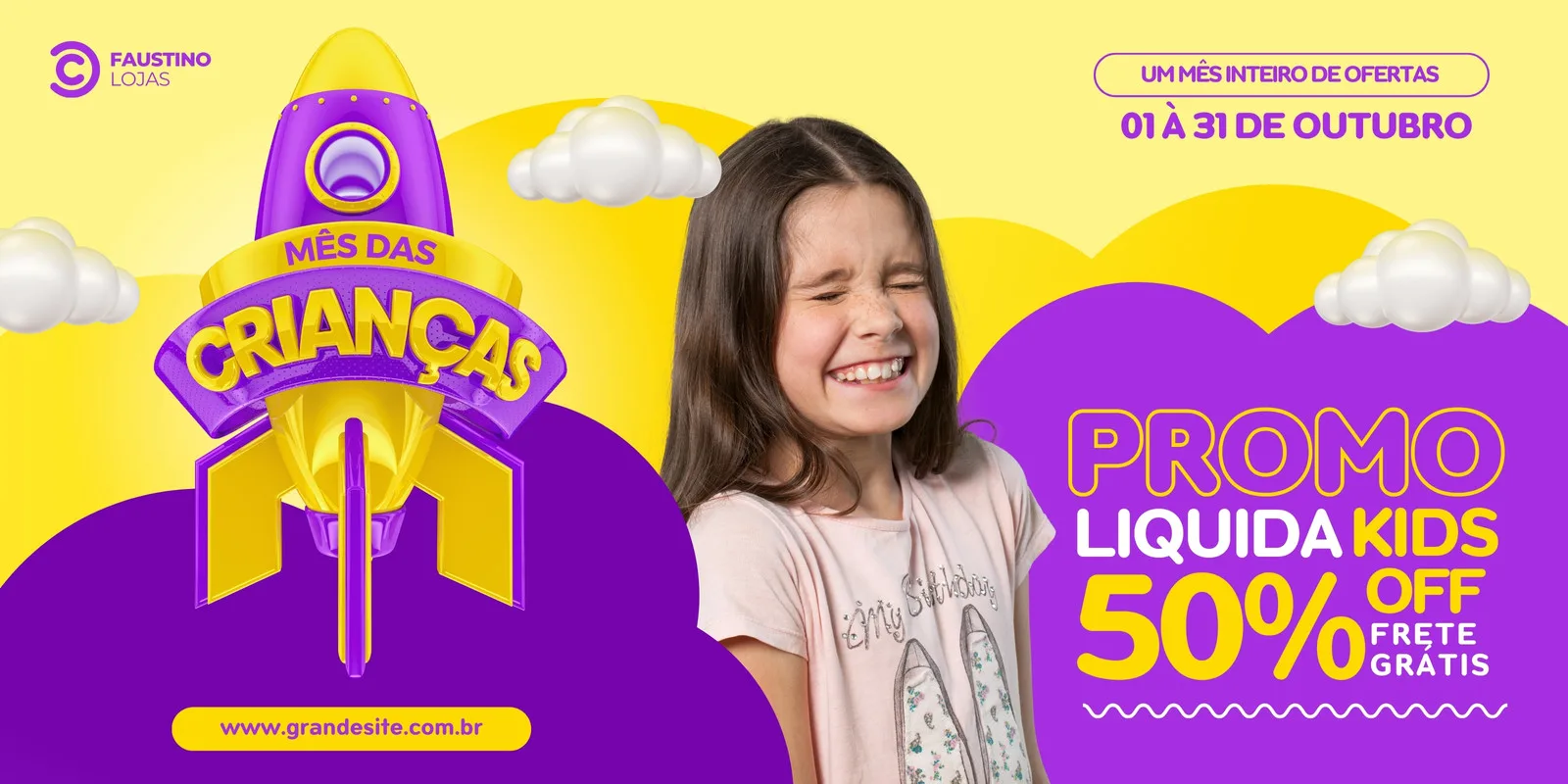 Banner horizontal roxo e amarelo com tema de foguete e a frase 'Mês das Crianças'. Uma menina sorri ao lado de um texto 'Promo Liquida Kids 50% OFF Frete Grátis', com nuvens decorativas e o período de 01 a 31 de outubro.