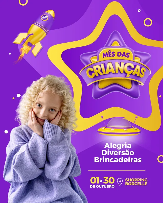 Um post vibrante para Instagram com tema de Mês das Crianças, apresentando uma menina sorridente, um foguete e um OVNI em tons de roxo e amarelo. O design inclui uma estrela com o título 'Mês das Crianças' e informações sobre eventos e local.